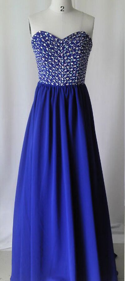 Royal Blue Beaded Embellished Sweetheart Floor Length Chiffon A-line Formal Dress, Prom Dress
