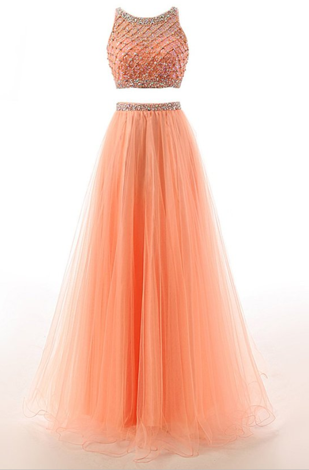 Sexy Long Prom Dress, Tulle Floor Length Prom Dress Featuring Beaded Embellished Cropped Halter Bodice