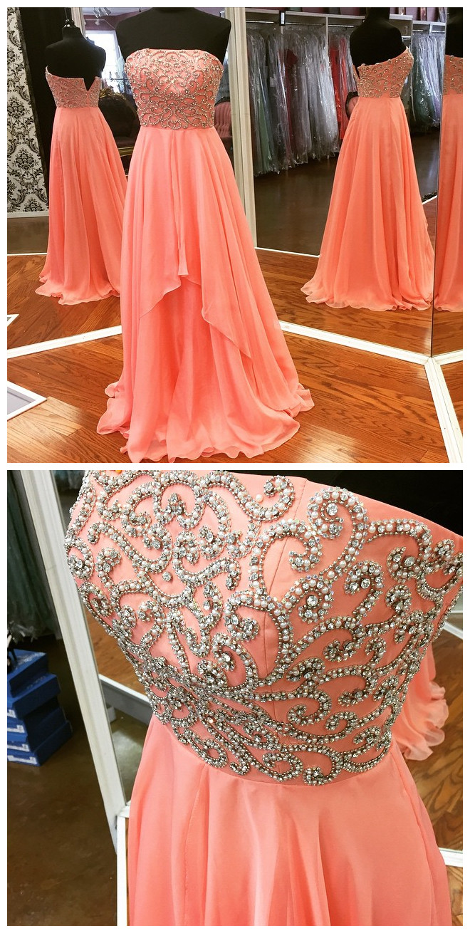 Modest Prom Dress,strapless Prom Dress,long Evening Gowns,chiffon Prom Dress,pearl Beaded Formal Dress,sexy Prom Dress