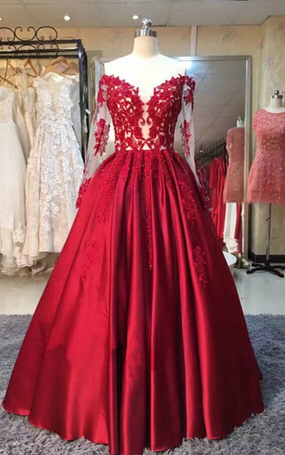 Prom Dresses,long Sleeve Prom Dress,sexy Red Prom Dress,cute Prom Dress,satin Prom Dress,prom Gowns,wedding Party Dress,red Ball Gown