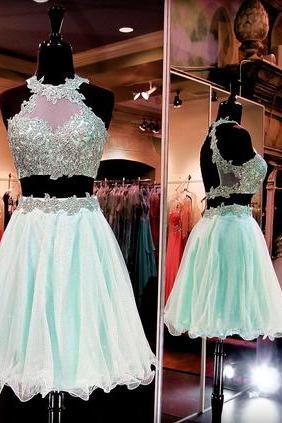 High Neck Lace Homecoming Dresses, Two Pieces Mint Homecoming Dresses, Organza Homecoming Dresses, Open Back Homecoming Dresses, Charming