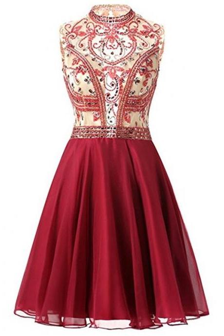 Burgundy Homecoming Dresses High Collar Luxury Crystals Cocktail Party Dresses With Open Back