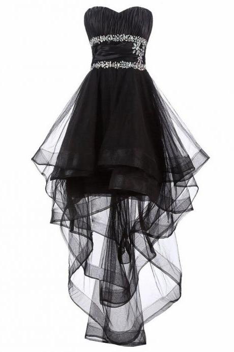 Black Semi Formal Dresses Vestido Curto High Low Prom Dresses With Crystals