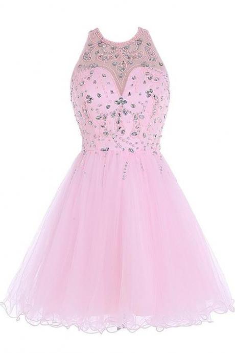 Pink Short Homecoming Dresses Curto Beaded Crystals Backless Prom Dress