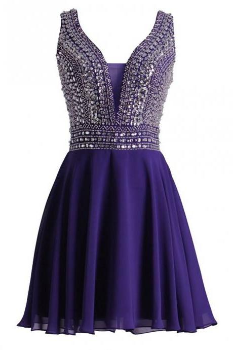 Vestido De Festa Curto De Luxo Purple Chiffon Beaded Short Homecoming Dresses With Crystals