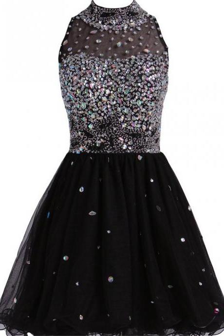 Robe De Balle Violette Courte Sexy High Collar Beaded Short Homecoming Dress With Crystals
