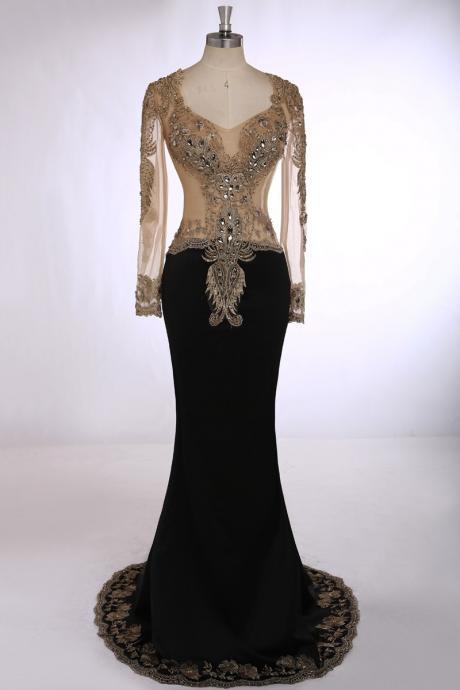 Formal Evening Gown Sheath V-neck Long Sleeved Satin With Embroidery Crystal Beading Prom Dresses