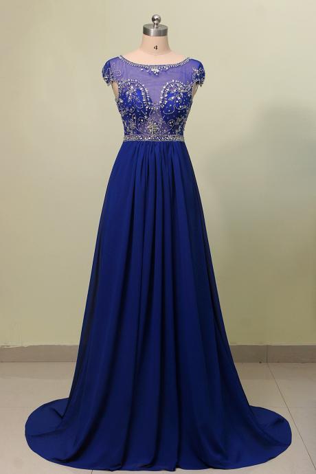 Abendkleider Sheer A Line Prom Dress Blue Beads Crystal Real Photo Evening Dresses