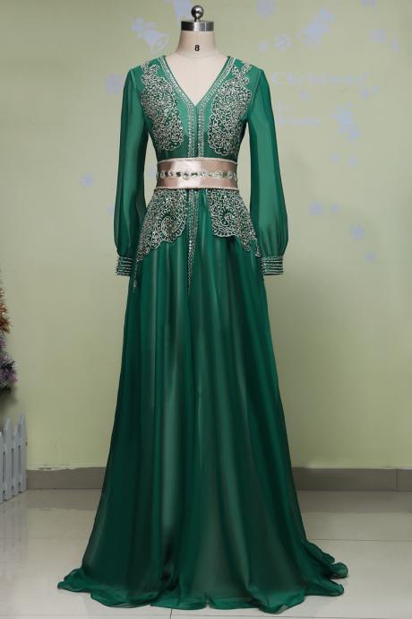 Real Photo Green Long Kaaftans Robe Beads Crsytal Long Sleeves Prom Dresses Dubai Turkey Formal Dresses Party Evening