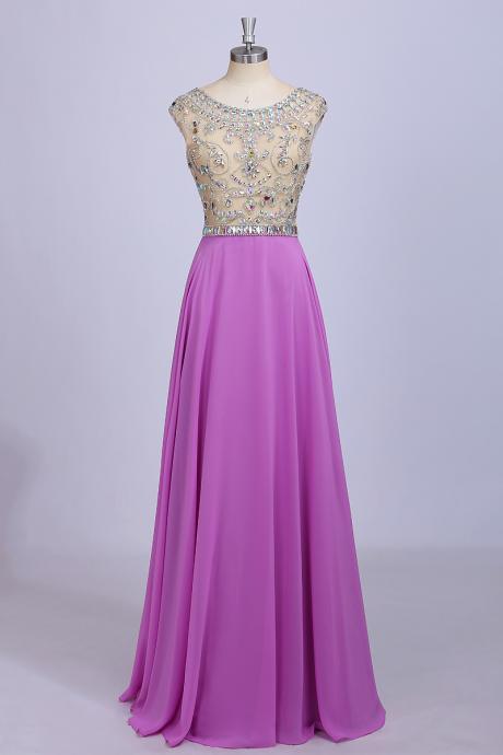 Abendkleider Long Pink Chiffon Floor Length Dress Cap Sleeve Beaded Prom Dresses
