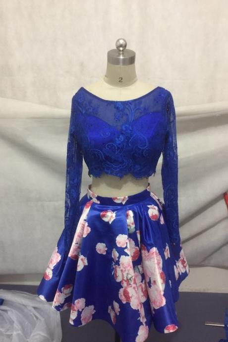 A Line 2 Pieces Floral Print Short Homecoming Dresses Sheer Lace Flowers Cocktail Skirt