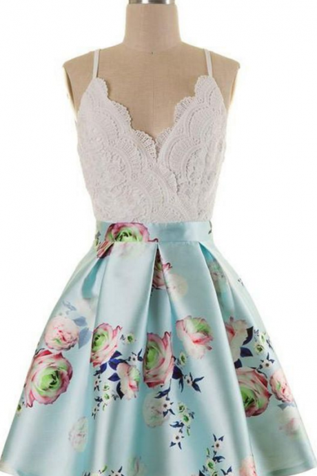A-line Dresses,spaghetti Straps Dresses,short Homecoming Dresses,blue Floral Dresses,lace Dresses,summer Dresses
