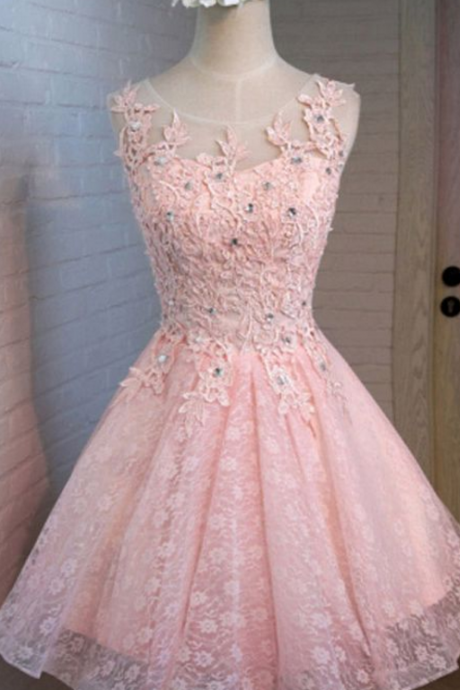 A-line Round Neck Lace Beaded Homecoming Dress Cocktail Dress