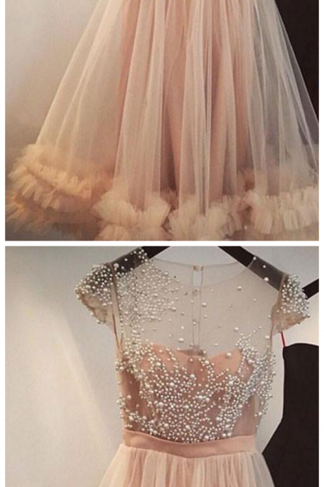Fashion A-line Jewel Cap Sleeves Tulle Short Homecoming Dress With Beading