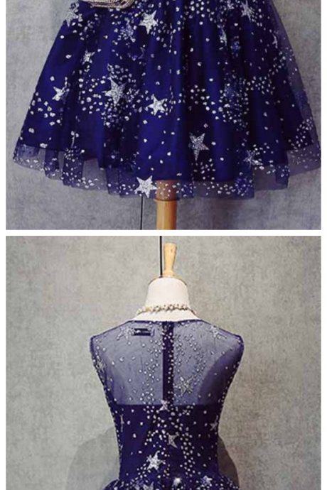 Fashion A-line Jewel Sleeveless Navy Blue Short Homecoming Dress With Beading