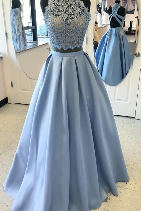 Lace Top Prom Dresses, 2 Piece Prom Dress , Satin Prom Dresses , High Neck Prom Gown,floor Length Prom Dress