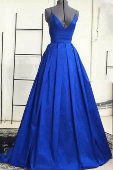 Royal Blue Backless Spaghetti Straps Ruched Brush Train Evening Dresses
