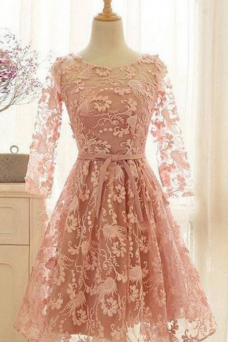 Homecoming Dresses,romantic A-line Scoop Long Sleeves Knee Length Blush Pink Lace Homecoming Dress