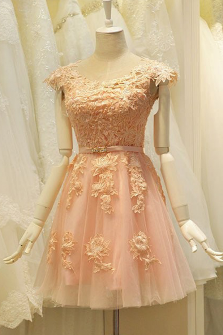Homecoming Dresses,cute A-line Jewel Cap Sleeves Short Coral Tulle Homecoming Dress