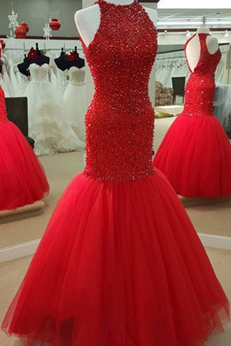 Prom Dress,halter Prom Dresses, Beaded Prom Dresses,2016 Prom Gowns,floor-length Prom Dresses,custom Red Prom Dresses