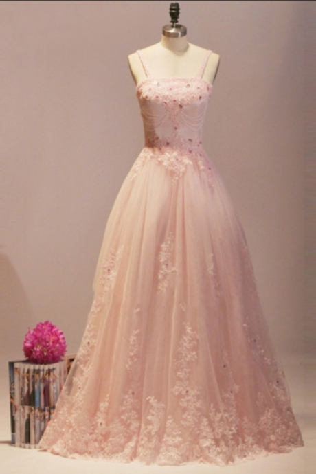 Pink Spaghetti Straps Appliques Beading Pearls Floor-length Prom Dress