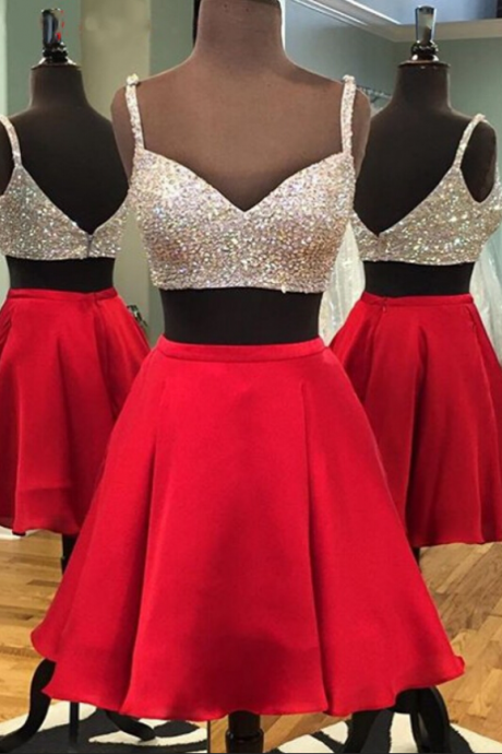 Homecoming Dresses Short ,two Piece Short Red Homecoming Dress With Sparkly Top