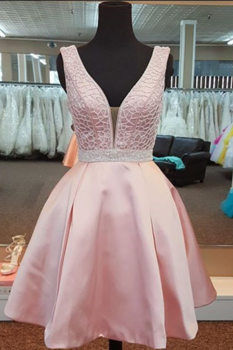 Pink Homecoming Dress, Satin Homecoming Dress, Short Homecoming Dress, Sexy Homecoming Dress, V Neck Prom Dress, Cocktail Party Dresses,