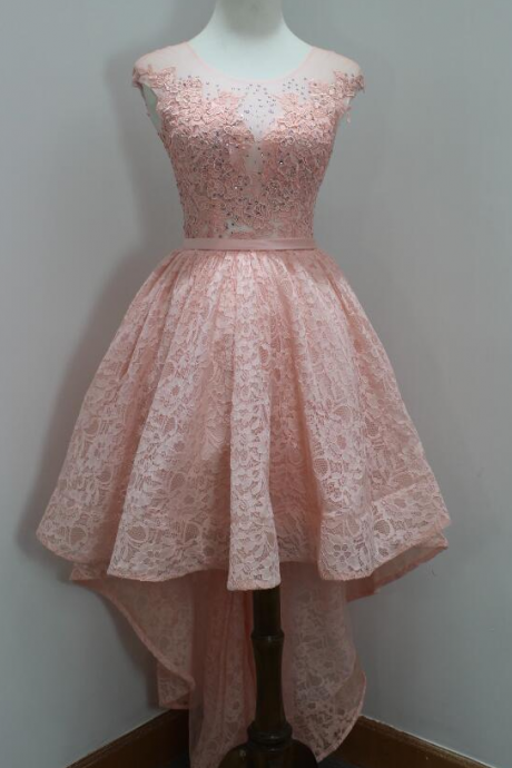 Homecoming Dresses Short,lovely Lace Pink With Applique High Low Formal Dresses, Pink Party Dresses, High Low Prom Dreses