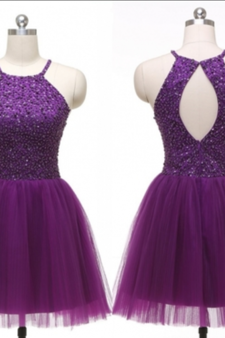 Homecoming Dresses Short,halter Purple Tulle Beadings Short Homecoming Dresses,bodice Back O Mini Length Prom Dresses, Evening Party