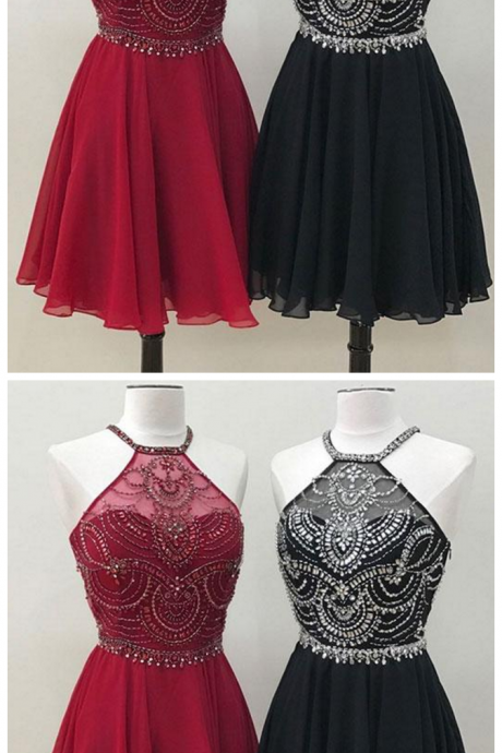 Unique Beads Burgundy And Black Chiffon Short Prom Homecoming Dress