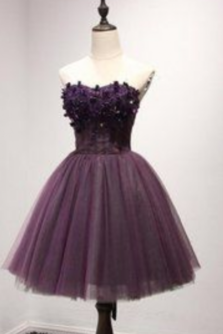 Strapless Purple Lace Homecoming Prom Dresses, Affordable Short Party Corset Back Prom Dresses, Perfect Homecoming Dresses