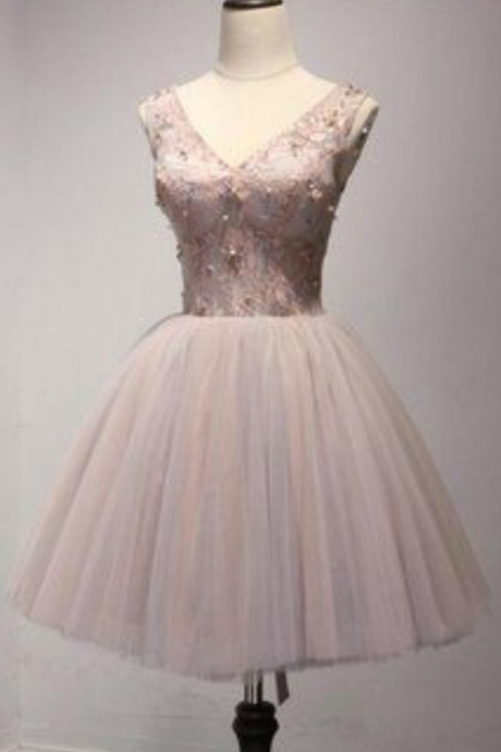 Two Straps V Neckline Blush Pink Beaded Homecoming Prom Dresses, Affordable Short Party Corset Back Prom Dresses, Perfect Homecoming Dresses