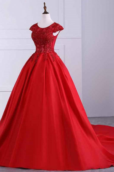 Red Prom Dresses,prom Dress,red Prom Gown,bright Red O-neck Prom Dresses Ball Gown Cap Sleeve Popular Evening Dress