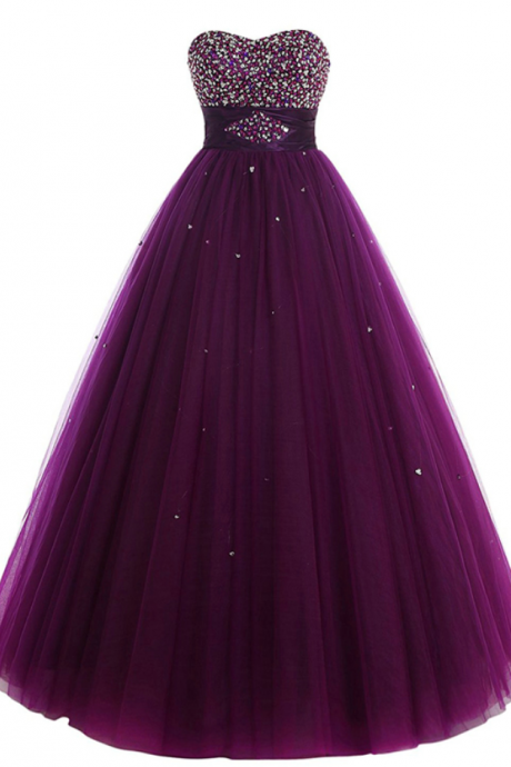 Gorgeous Beading Sweetheart Neck Long Prom Dresses Purple Grape Tulle Crystals Lace Up Back Party Gowns