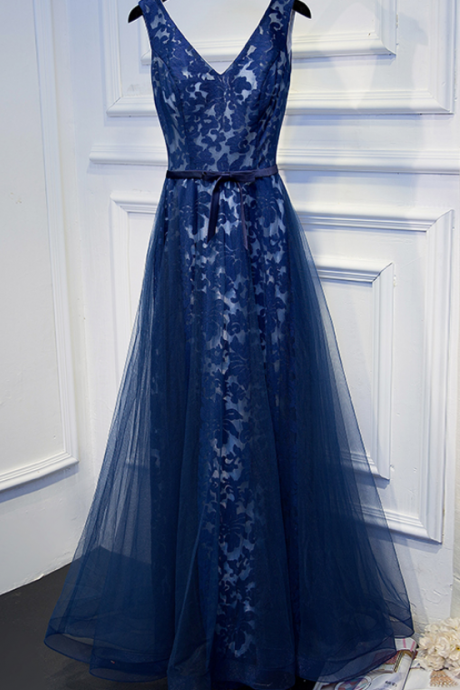 Navy Blue Lace Tulle Long Prom Gowns,elegant V Neck Sleeveless Laced Up Back A Line Evening Dresses