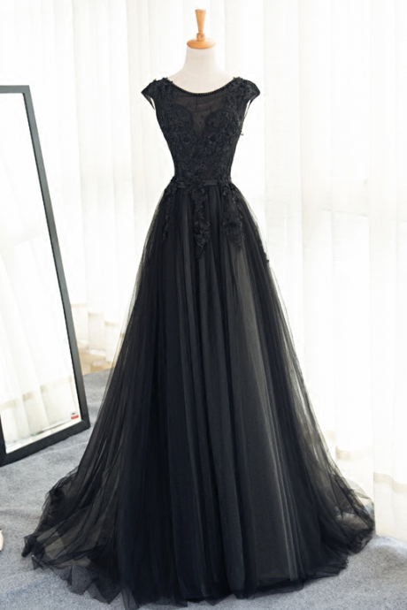 Black Tulle Appliques Beads Elegant Prom Gowns,cap Sleeves Sexy V Back A Line Long Evening Dress