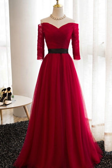 Wine Red Tulle Sexy Off-the-shoulder Prom Dress,sweetheart Neck Black Belt Sleeved Evening Gowns