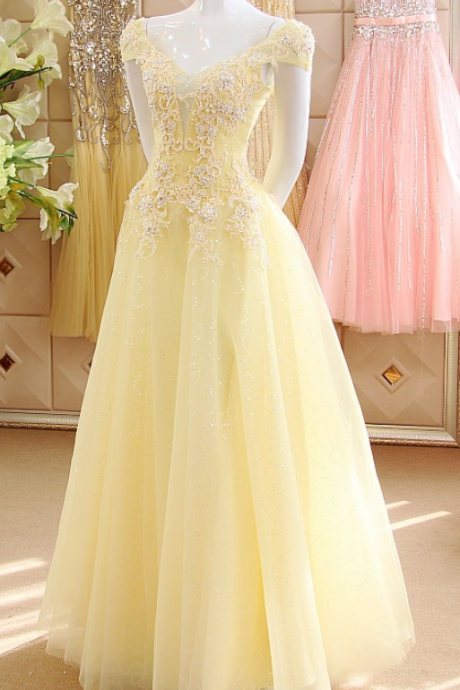 Pastel Yellow Cap Sleeves Sequined Tulle Prom Dresses,sexy V Neck Beads Appliques Long Party Dresses