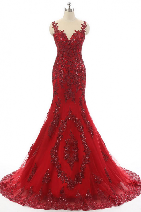 Elegant Dark Red Appliques Tulle Mermaid Prom Dresses,sheer Scoop Neck Sequined Party Gowns