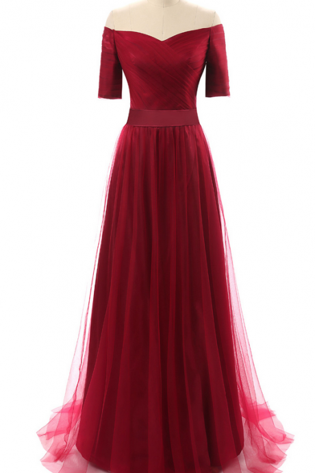 Wine Red Tulle A Line Long Prom Dresses,stylish Off-the-shoulder Sweetheart Neck Short Sleeves Evening Dresses
