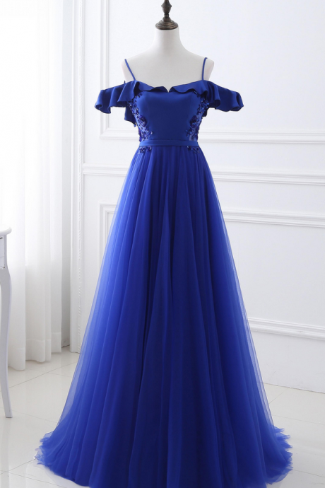 Spaghetti Straps Stylish Off-the-shoulder Prom Dresses,elegant Royal Blue Sweetheart Neck Tulle Beads Party Gowns
