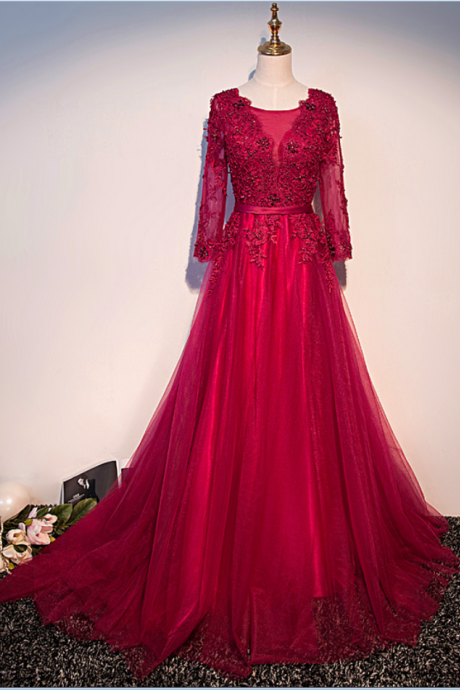 Elegant Dark Red Tulle Beads Appliques Prom Dresses,scoop Neck Long Sleeves A Line Party Gowns, Evening Dresses