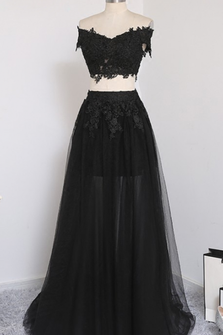 Black Two Pieces Lace Tulle Prom Dresses,off-the-shoulder Appliques Long Evening Dresses