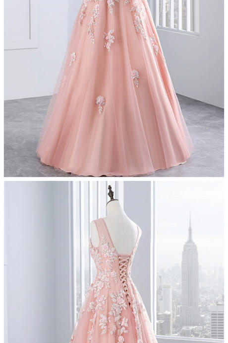 V-neck Sleeveless Floral Appliqués A-line Floor-length Prom Dress, Evening Dress