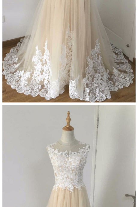 A-line Wedding Gowns, Vintage Sleeveless Champagne Lace Wedding Dress Vestidos De Novia