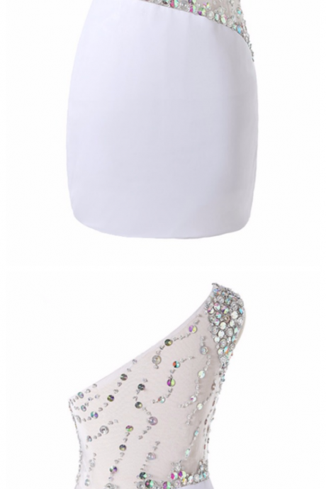 Back Mini Homecoming Dress ,rhinestones Crystal White One Shoulder Straight Cocktail Dresses