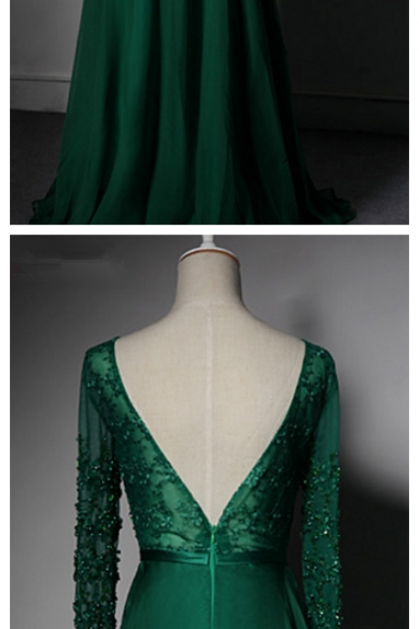 Green Long Sleeve Evening Dresses ,party Beautiful Crystal Beaded Women Prom Formal Evening Gowns Dresses