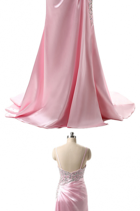 Pink High Slit V Neck Mermaid Evening Dresses , Bead Pleat Backless Long Evening Dress