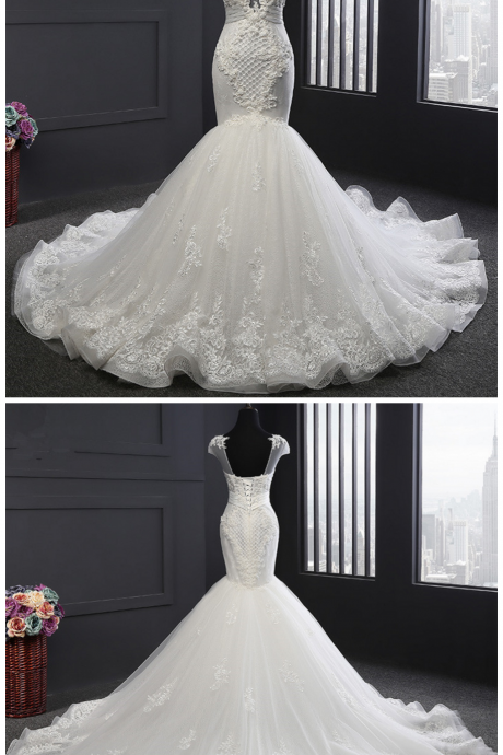 Wedding Dresses Robe De Mariage Romantic Mermaid Wedding Dress, Appliques Scoop Neck Court Train Wedding Dress