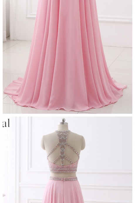 Elegant Two Pieces Evening Dresses, Long Prom Dress, Sparkly Beading Halter Formal Women Gown Sexy Backless